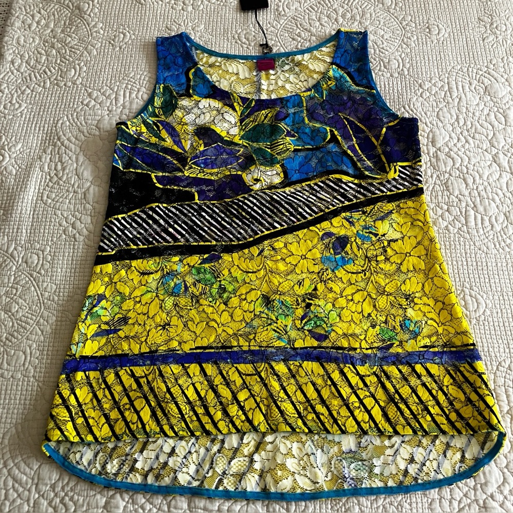 NWT Save the Queen yellow/blue sleeveless hi lo lace top